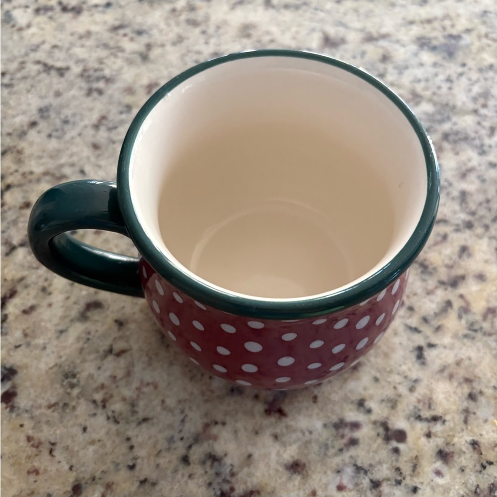 PIONEER WOMAN JUMBO 28 OZS POT BELLY MUG RED WITH WHITE POLKA DOTS GREEN TRIM - Picture 2 of 4
